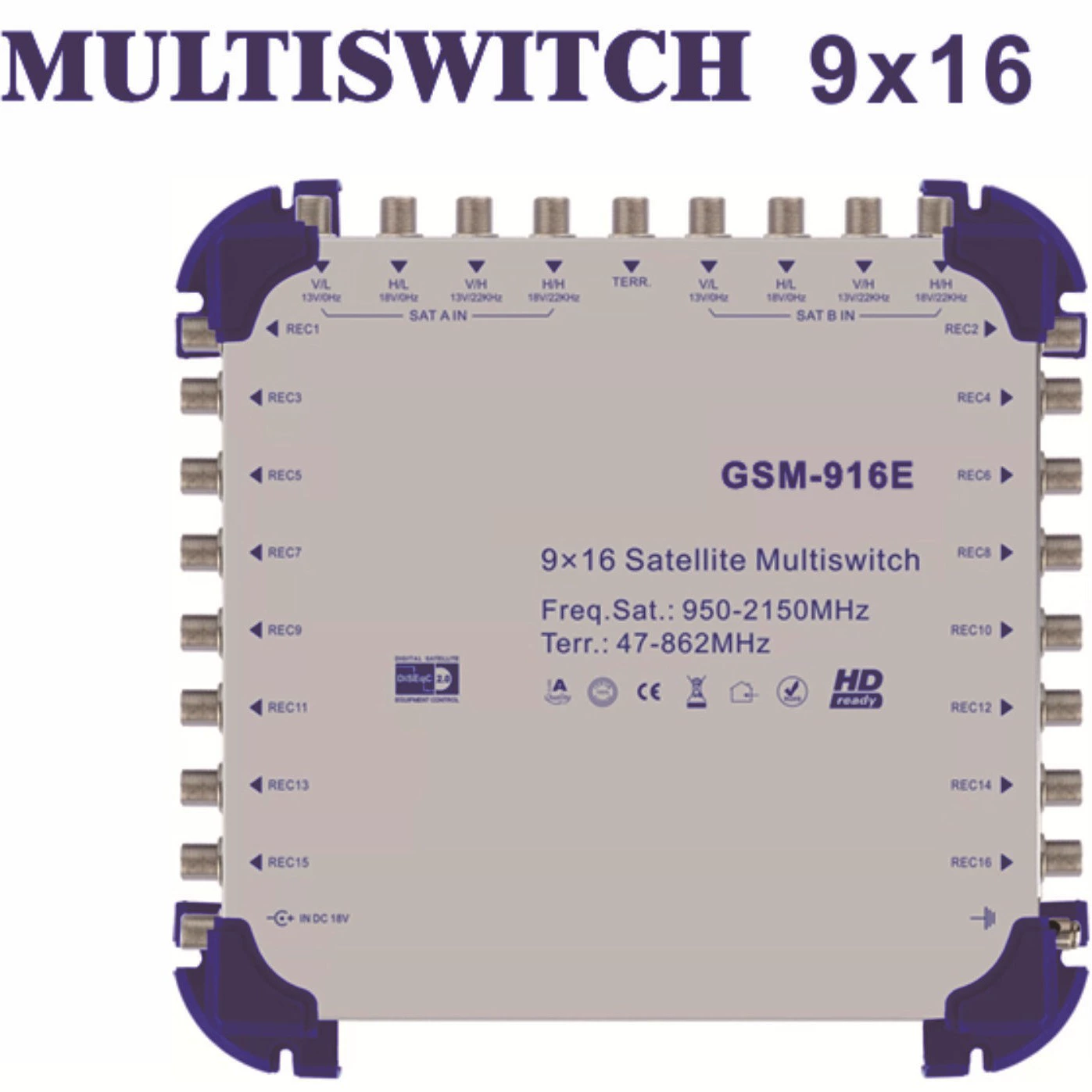 Мультипереключатель 950–2150 МГц, уровень сигнала спутниковой антенны, девять входов и шестнадцать выходов