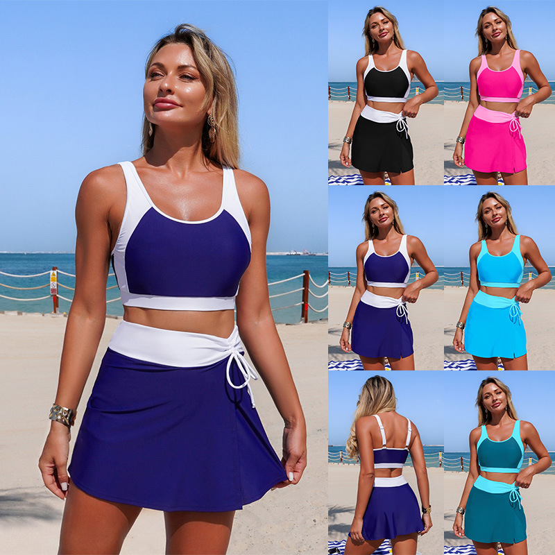 Amazon Swimwear 2026 New European and American Two-Piece Swimsuit for Women Nylon Color-Block Skirt Style with Pockets Wholesale in Stock