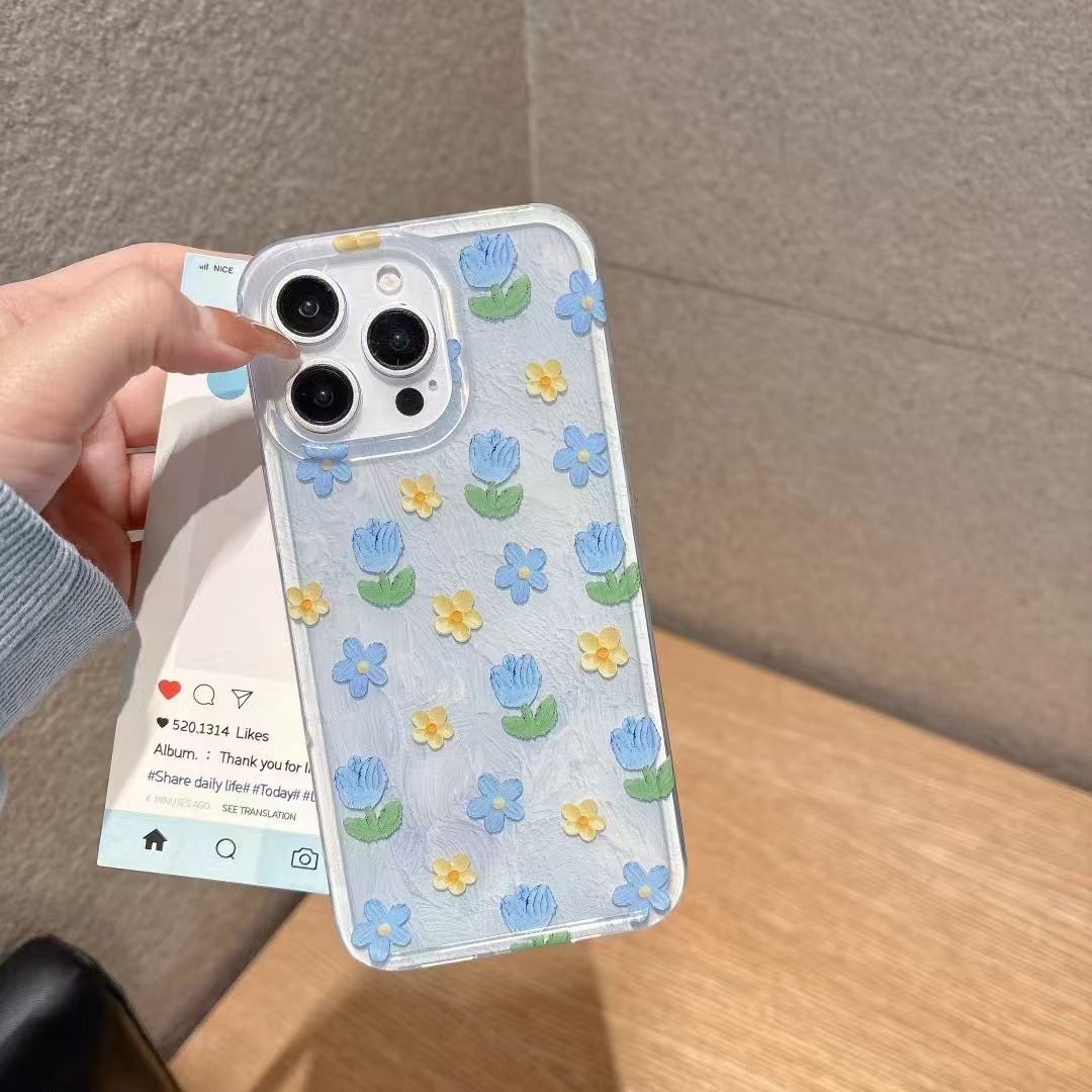 Flores de pintura al óleo frescas de verano para Apple 15ProMax funda para teléfono móvil 16Pro azul 14/13 Diversión 16