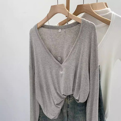 着痩せ効果のあるゆったりとした薄手のインナー、深いVネックの長袖Tシャツ、女性用春夏エアコン対策日焼け止めブラウス、カジュアルトップス