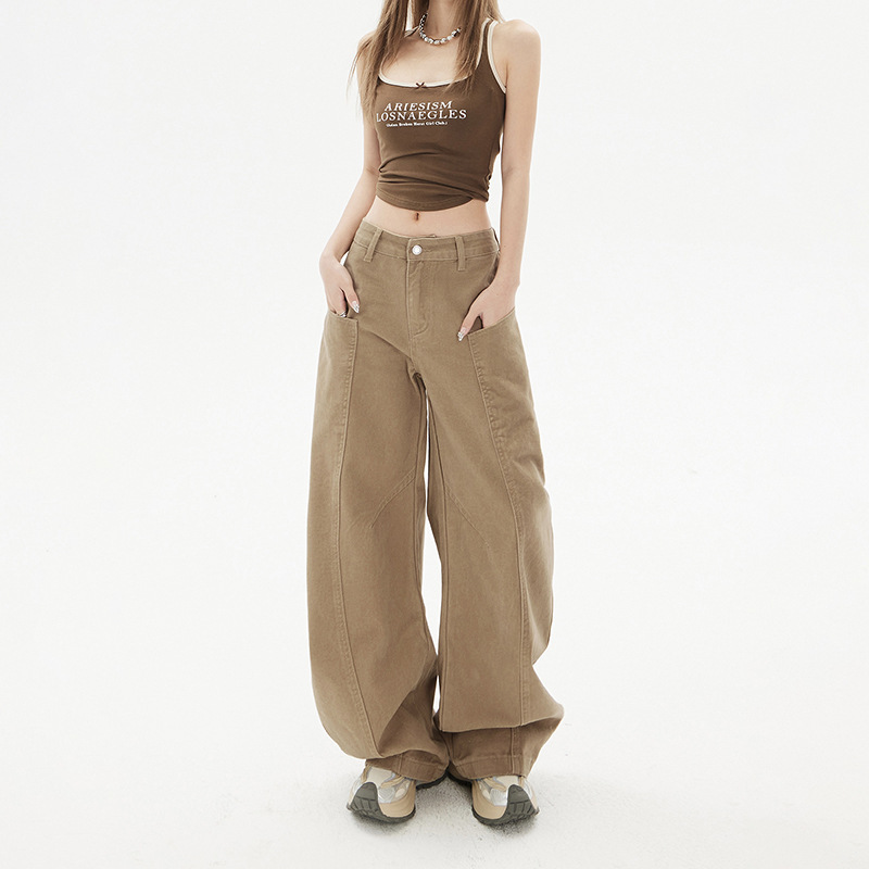 Bumi House American Style Retro Machete Jeans Women's New Straight Retro Khaki Casual Stitching Design Sense Logging Pants