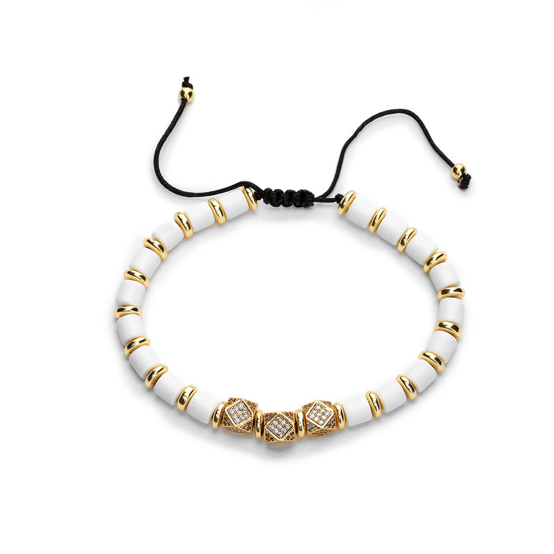 Pulsera tejida con cuentas cilíndricas de cerámica suave transfronteriza europea y americana para hombres y mujeres joyas de cobre con micro incrustaciones de pulsera redonda de tres cortes