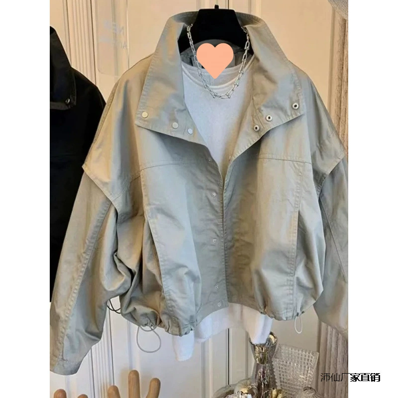 Short oversized trench jacket for teens, autumn, double-layer lining, casual cropped style