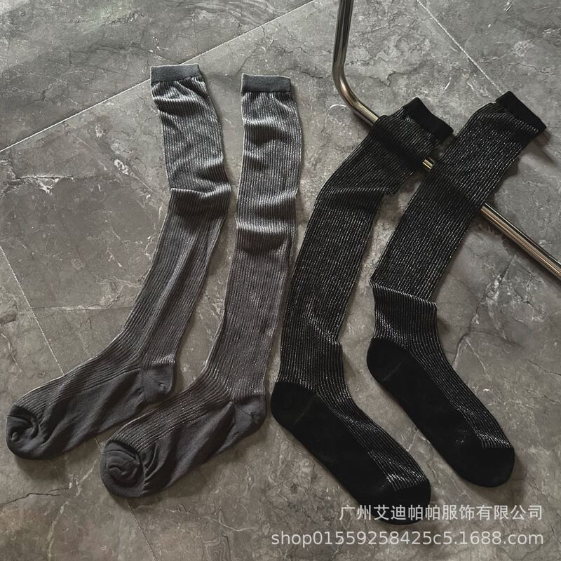 Spring and Summer Thin Shiny Mid-Calf Socks, Knee-High Slouch Socks, Versatile Vertical Striped Gold Silk Socks for Women, Fashion