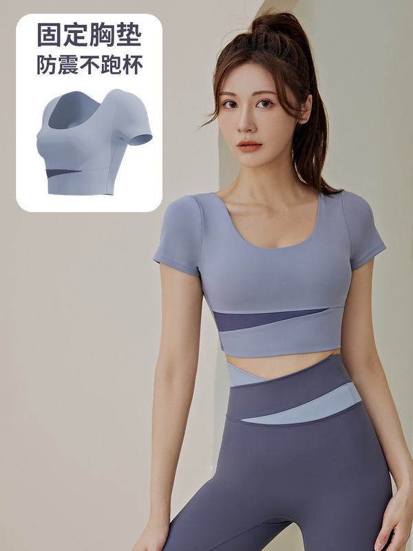 色合わせ半袖ヨガ服セット女性春夏露臍短い上着ヒップパンツランニングトレーニング服|undefined
