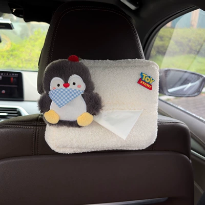 2026 New Penguin Car Tissue Box, Armrest Box Tissue Holder, Seat Back Hanging Tissue Bag, Cute for Women (Car tissue box/set) - bib-penguin-lambswool-tissue-box-white