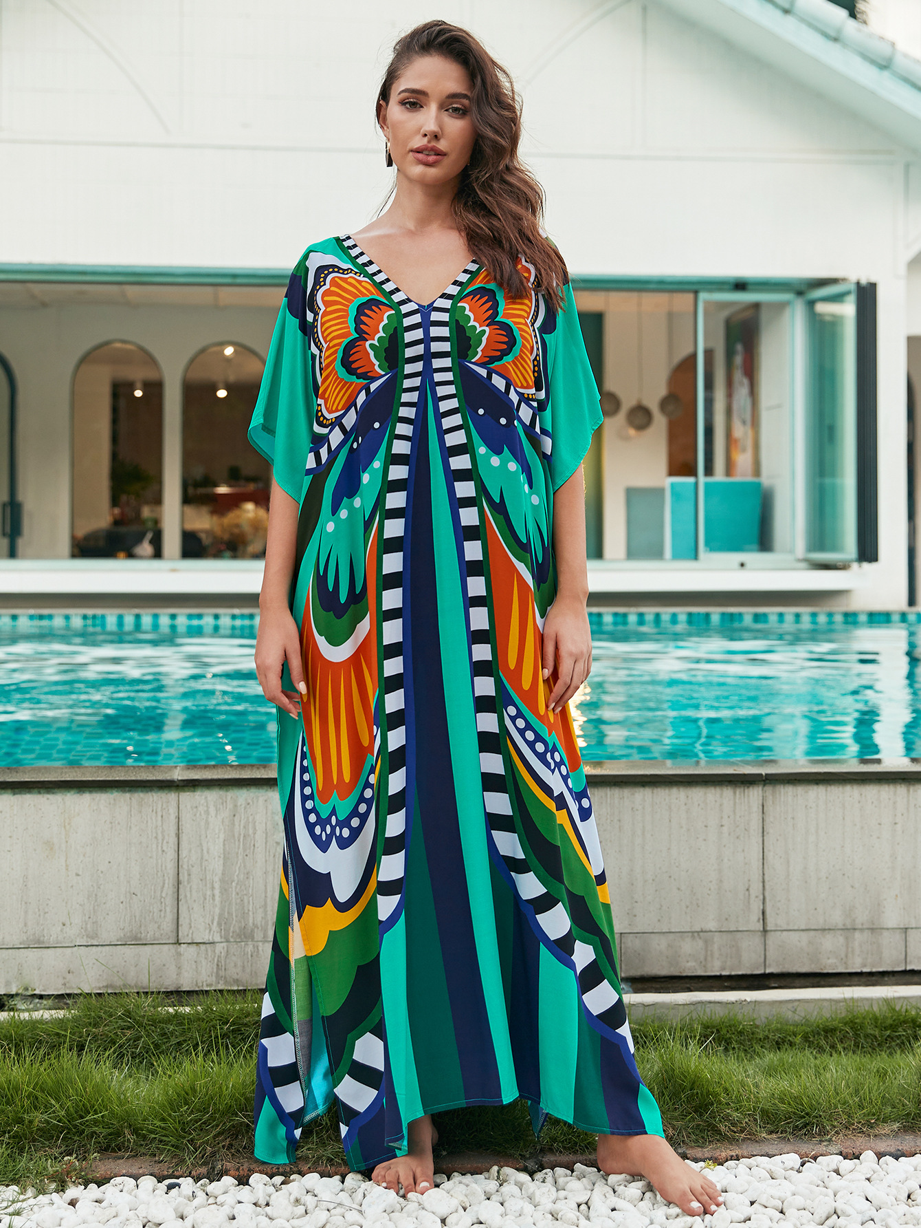 Rochie de plajă lungă kimono dama boho viscoză tie-dye_voghion.com