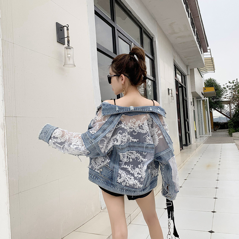 Denim Jacket Women's Spring & Fall Loose Korean Style Bf Short Jacket 2021 New Versatile See-Through Lace Denim Jacket Denim Jacket Women's Spring & Fall Loose Korean Style Bf Short Jacket 2021 New Versatile See-Through Lace Denim Jacket