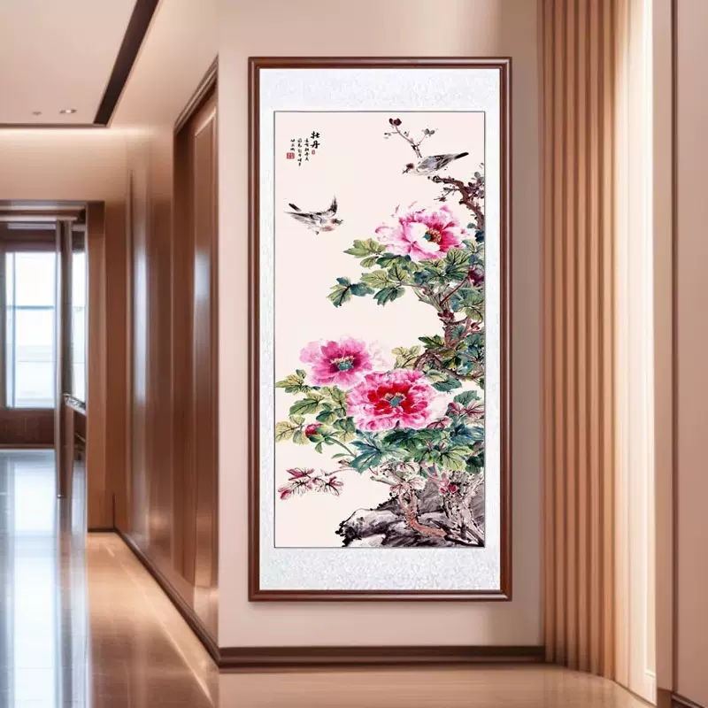 入户玄关装饰画牡丹花开挂画走廊过道国画墙画新中式客厅壁画