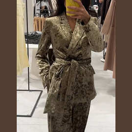 丝绒拼接金属西装套装时尚个性长袖系带西装两件套2025跨境欧美风
