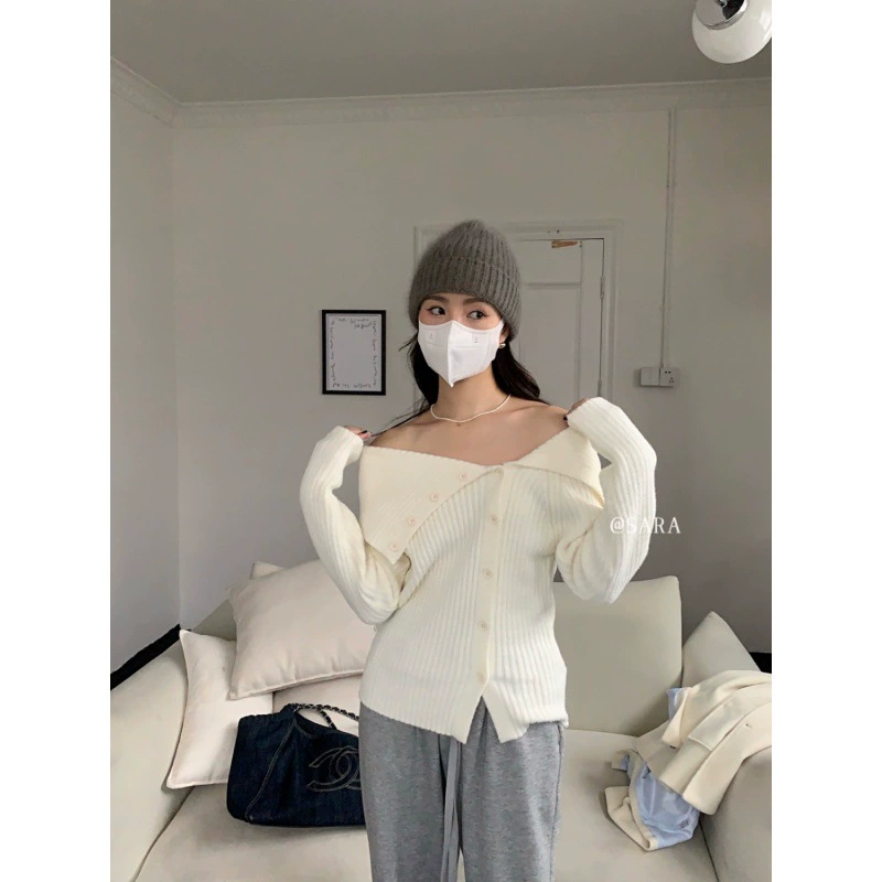 Французский Темперамент Нерегулярный нишевый лацкан с открытыми плечами, однобортный приталенный мягкий восковой свитер для похудения, вязаный свитер из пряжи Budd Core