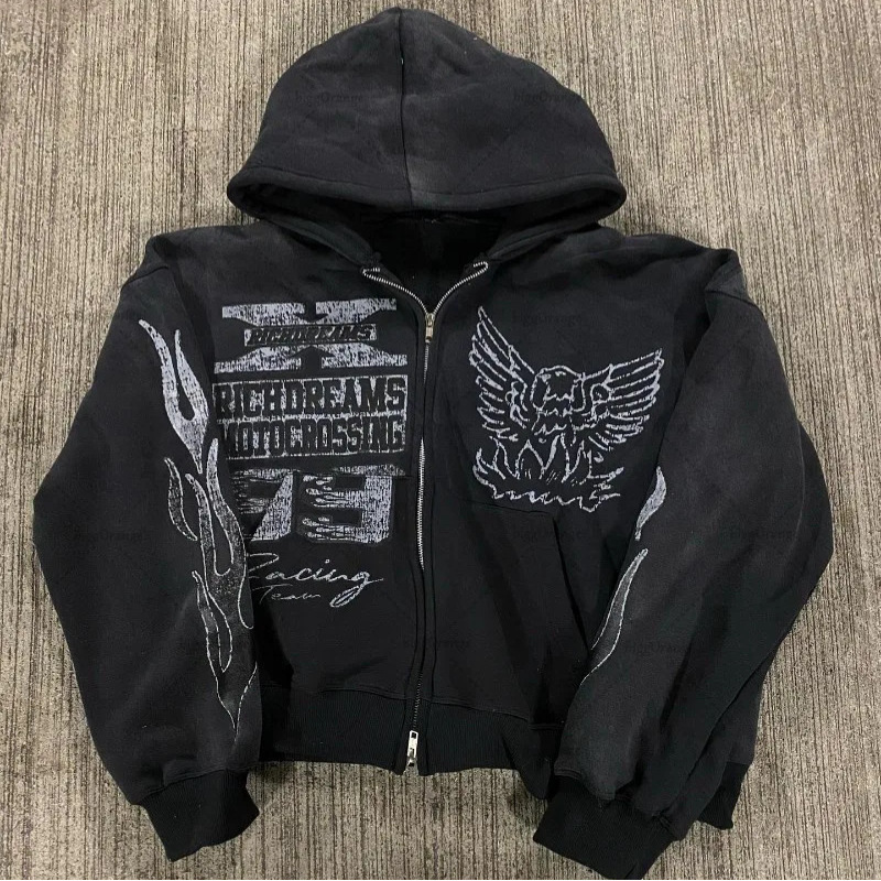 Streetwear Zip-Up Hoodie – Oversized Hip-Hop Star Print Pullover, Unisex Harajuku Style Fleece Jacket_viptrois.com