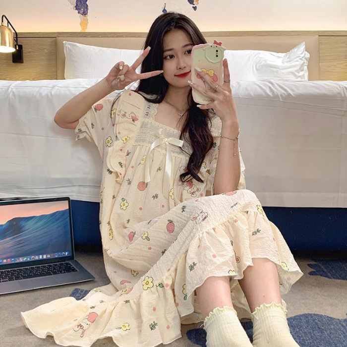 Pijama de mujer de verano tejido espuma tejida tela arrugada pijama de mangas cortas princesa vestido de viento suelto vestido de casa de verano