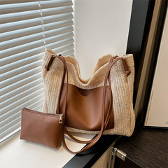2024夏季編織兩件套草編休閒感大容量清新洋氣手提單肩托特女包包