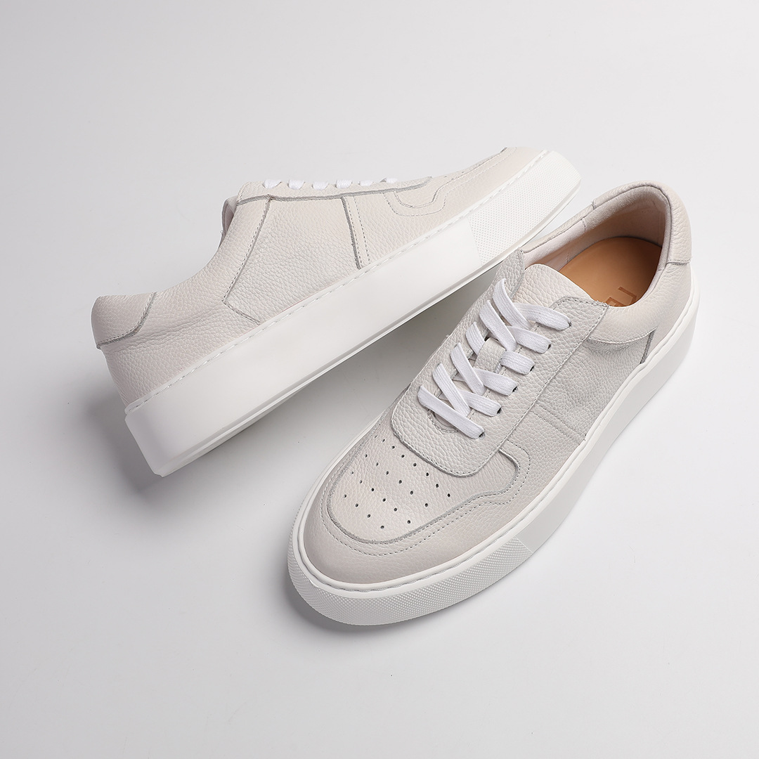 New Thick-Soled Sneakers, Lightweight Casual Sports, Versatile Trendy Flat-Soled Business First-Layer Cowhide Pebbled Leather Shoes for Men