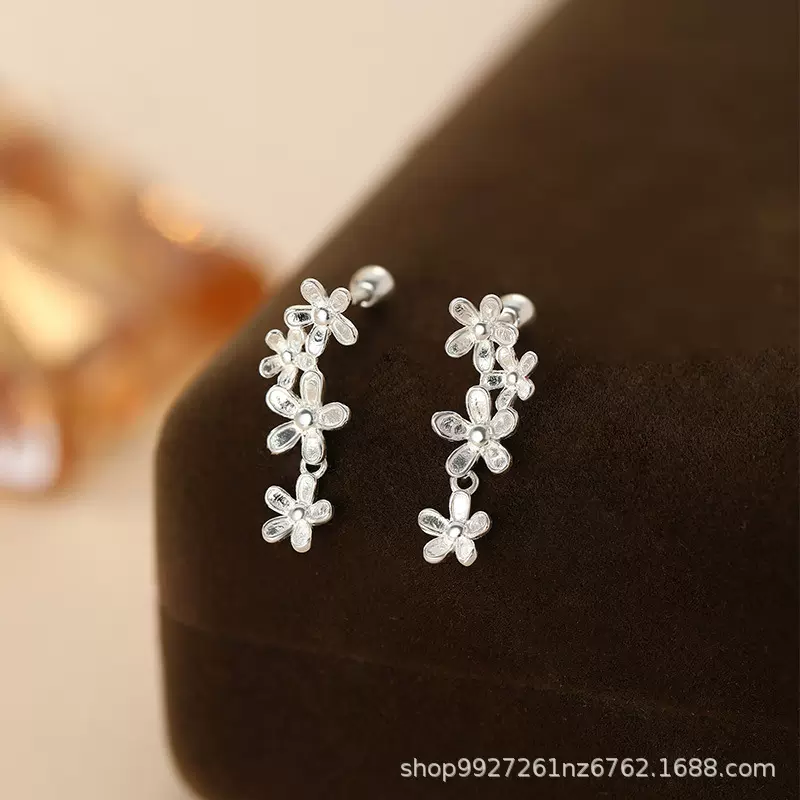 繁花耳钉女999足银流苏耳坠轻奢小清新气质拧螺丝小众设计感耳饰