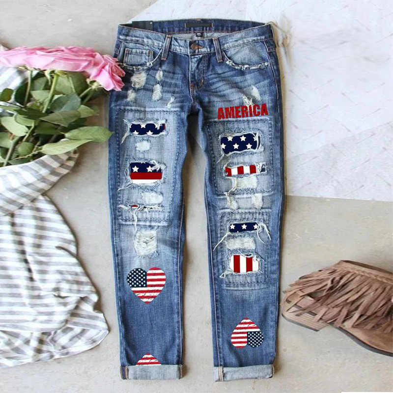 2022 European and American Independence Day Amazon Street Fashionists' Straight Pants Trousers Blue Women's Jeans 2022 European and American Independence Day Amazon Street Fashionists' Straight Pants Trousers Blue Women's Jeans
