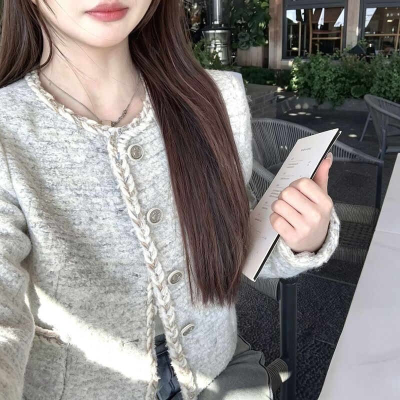 2026 new style tweed short jacket for women, featuring a single-breasted design, a small size, and a high-waisted, open-front style