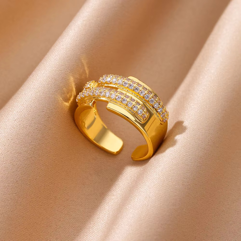 Amazon X 字型ストライプメッキ 18 k ジルコンダブルカラーマッチングライト高級ファッションオープンリングリング女性の新しいスタイル