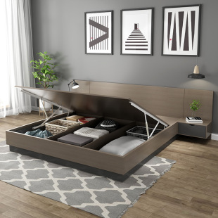 Bed Modern Simple Real High Box Storage Bed 1.5 m Small Apartment Master Bedroom Double 1.8 m Tatami Wooden Bed