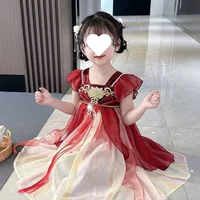 Красное летнее платье Hanfu для девочек, китайское платье с тяжелой вышивкой для девочек, летнее детское платье принцессы, тренд
