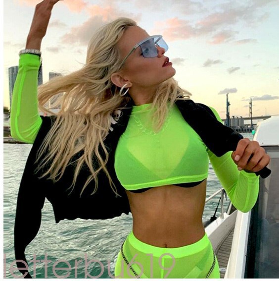Swimsuit, Fluorescent Green Bikini with a Transparent T-Shirt, Slim Fit, Long Sleeves, Slimming, Patchwork, Casual and Versatile