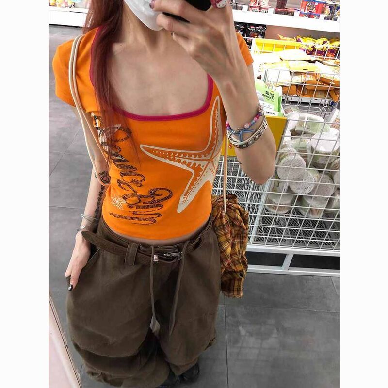 Sweet and Spicy Style New Slim-Fit Crop Top Dopamine Orange Starfish Print Regular Shoulder Short-Sleeve T-Shirt for Women Sweet and Spicy Style New Slim-Fit Crop Top Dopamine Orange Starfish Print Regular Shoulder Short-Sleeve T-Shirt for Women