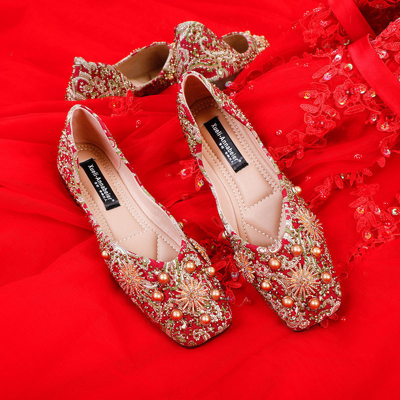 Xiuhe Wedding Shoes Women's Chinese Wedding Shoes Wedding Bride Shoes Red Flat Pregnant Women's Wedding Dress