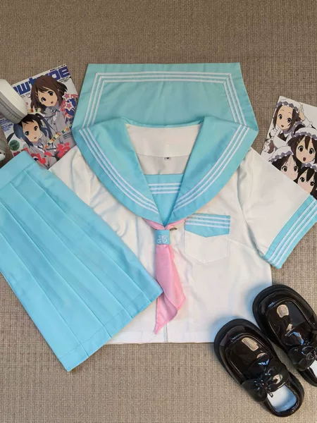 In-stock modified blue three-piece basic JK uniform set, college style A-line skirt, navy style school-supplied long-sleeved sailor suit