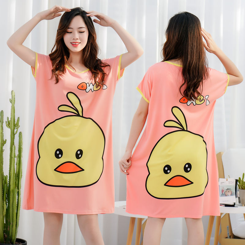 Camisón de las mujeres del verano Delgado manga corta nueva línea rojo estilo pijamas dibujos animados lindo señoras vestido flojo desgaste hogar