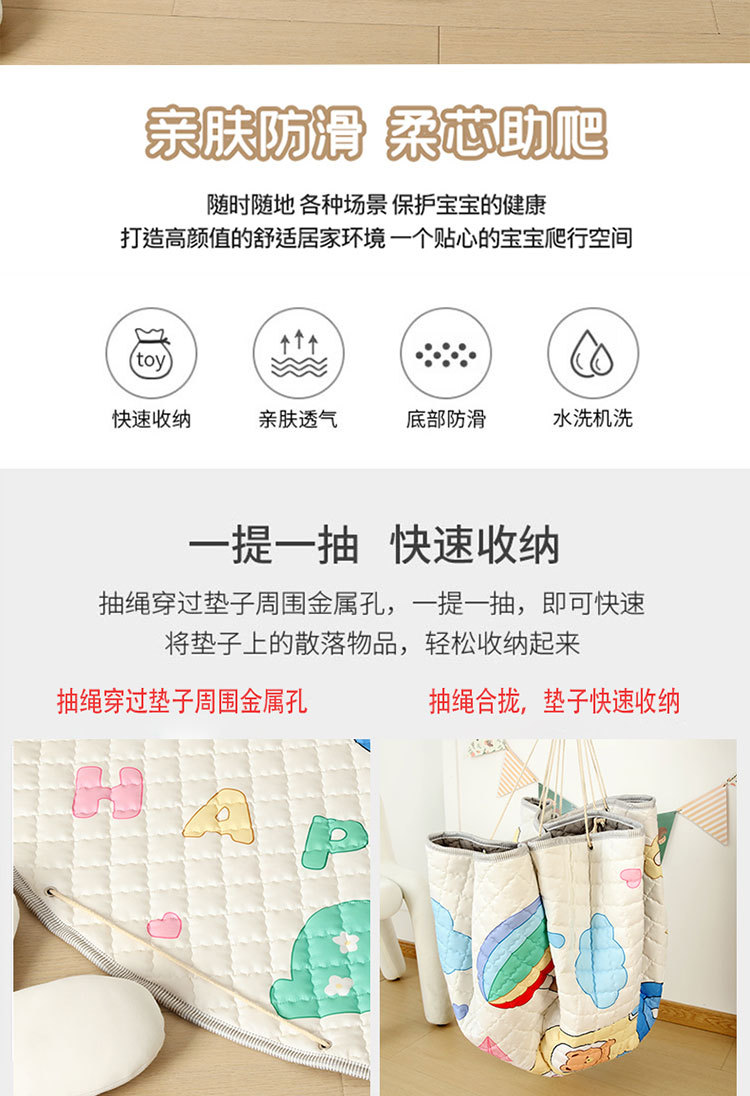 Cartoon pattern round storage mat, ins-style children's toy play mat, portable for outings, indoor and outdoor soft mat