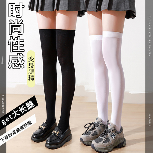 Japanese Velvet Knee High Socks JK Black and White Stockings Pure Color Thin Sexy Slimming Versatile Long Tube Thigh Socks 