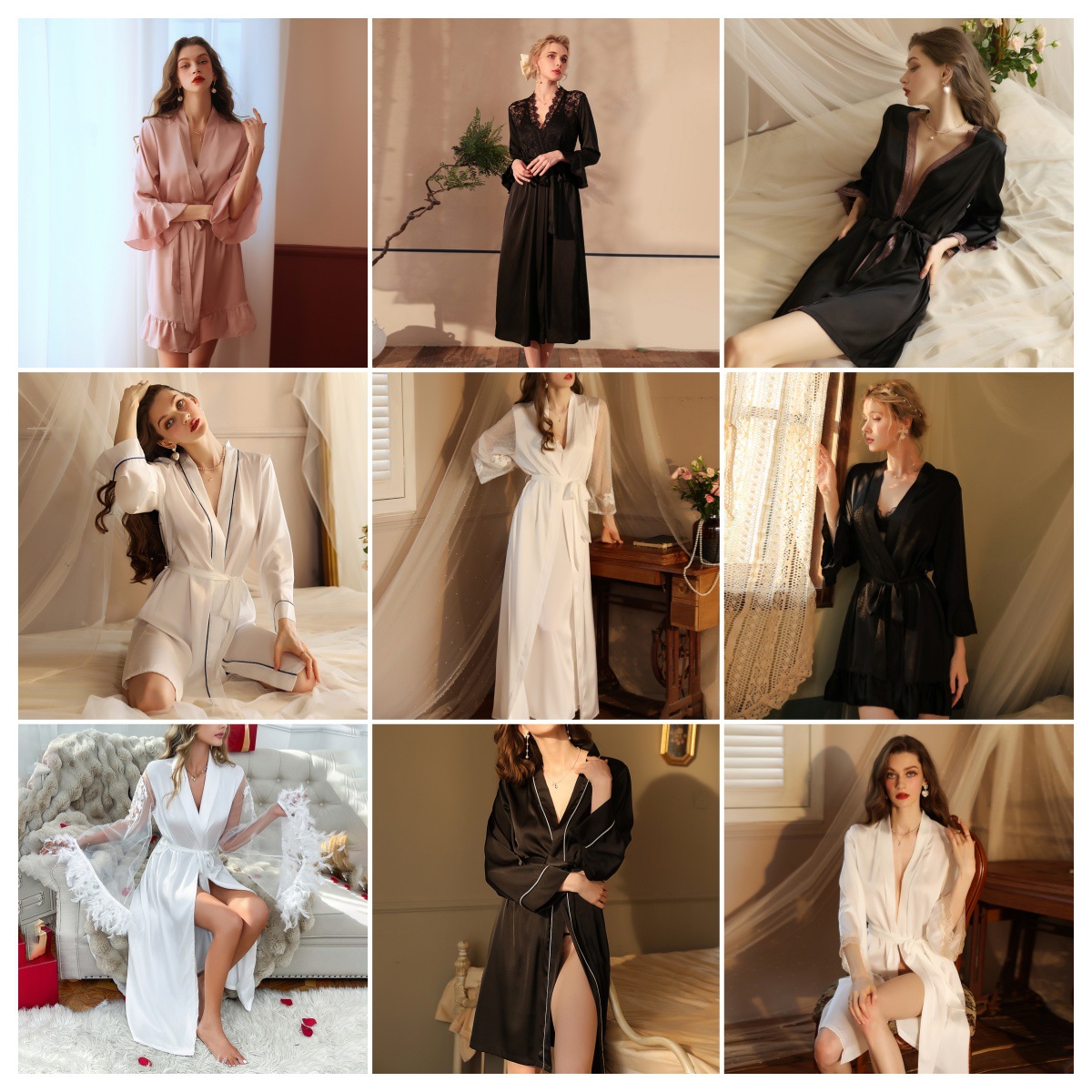 Mufei European and American Cross-Border Sexy Women's Faux Silk Nightgown Autumn and Winter Long Pajamas Skin-Friendly Dressing Gown Loungewear