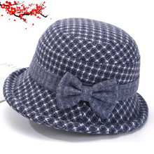 中老年毛呢盆帽子老奶奶加厚保暖时尚洋气渔夫帽蝴蝶结妈妈帽格纹
