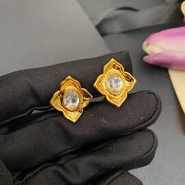 欧美花朵锆石耳夹复古个性百搭高级设计感金色水晶耳环耳饰