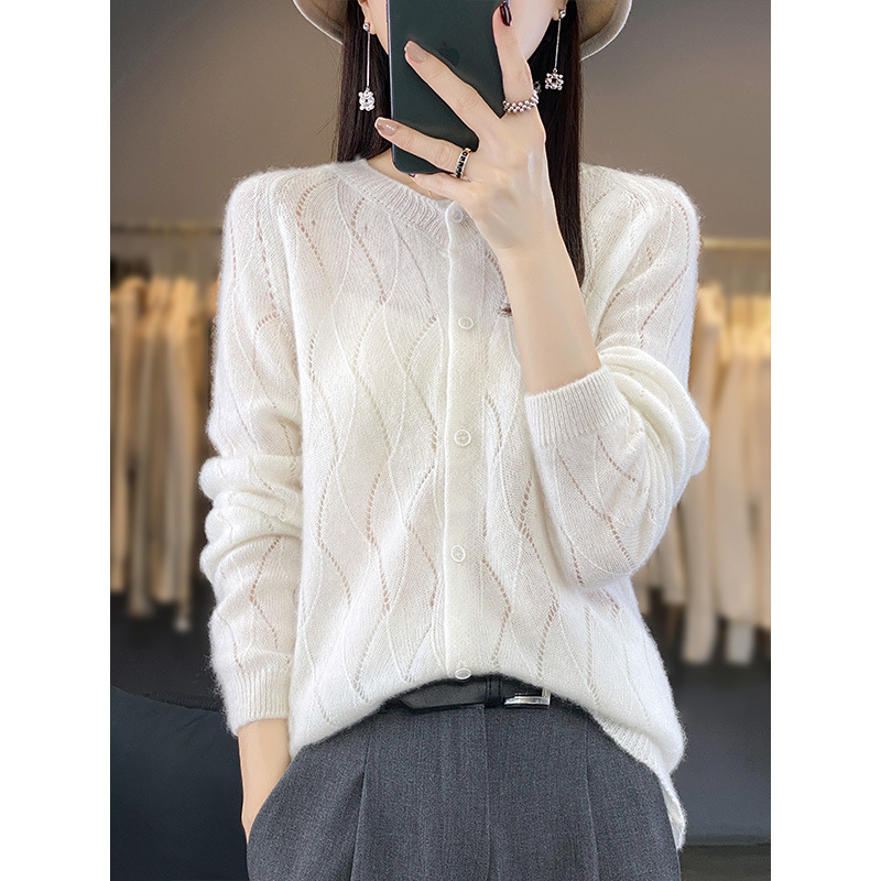 韩版时尚波浪纹纯羊毛开衫女25秋季新款纯色圆领外套长袖针织上衣|undefined