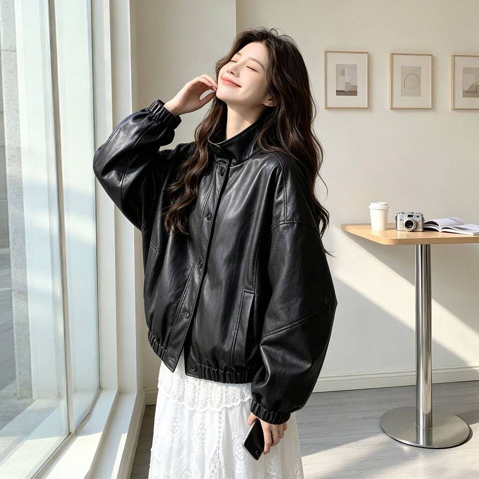 Áo khoác da PU cổ đứng dáng rộng phong cách retro, kiểu biker, dài tay, có lót — Màu đen [Chất lượng cao, có lót vải]