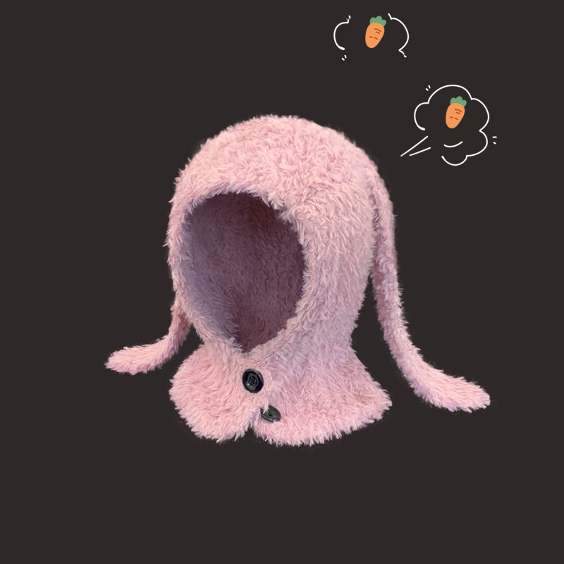 Lindo conejo de peluche con orejas largas, forma cóncava femenina, protección cálida para los oídos, gorro tipo balakrafa, gorro tipo jersey para otoño/invierno_voghion.com