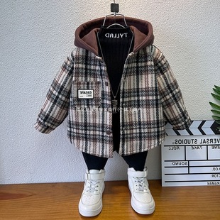Boys' Outwears Autumn and Winter 2024 New Boys' Korean Style Handsome Casual Hooded Woolen Outwears Kidsren's Plaid Clothes