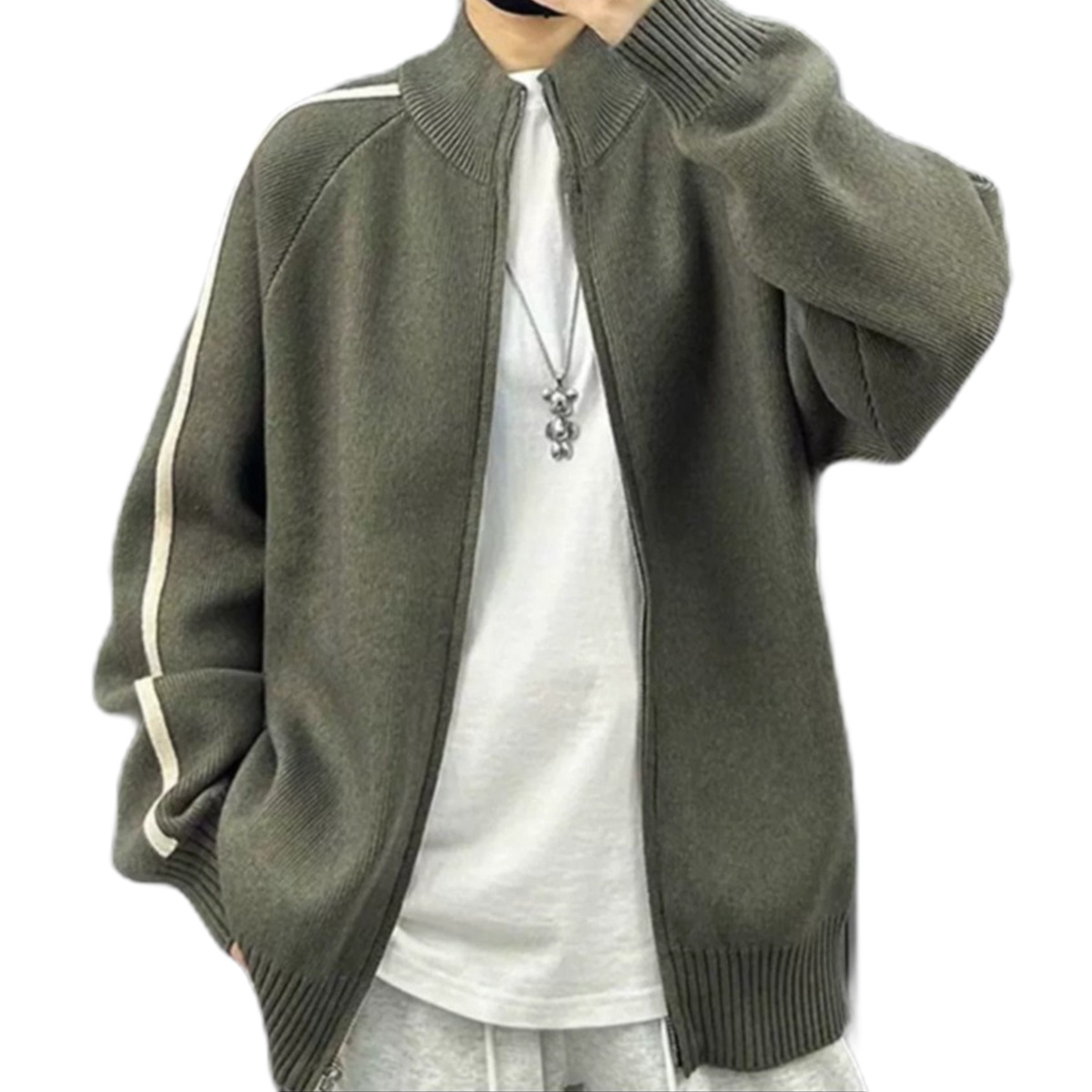 Explosiones transfronterizas de tamaño grande europeo a rayas cardigan suéter de punto chaqueta de hombre chaqueta de doble cremallera fábrica de marea al por mayor