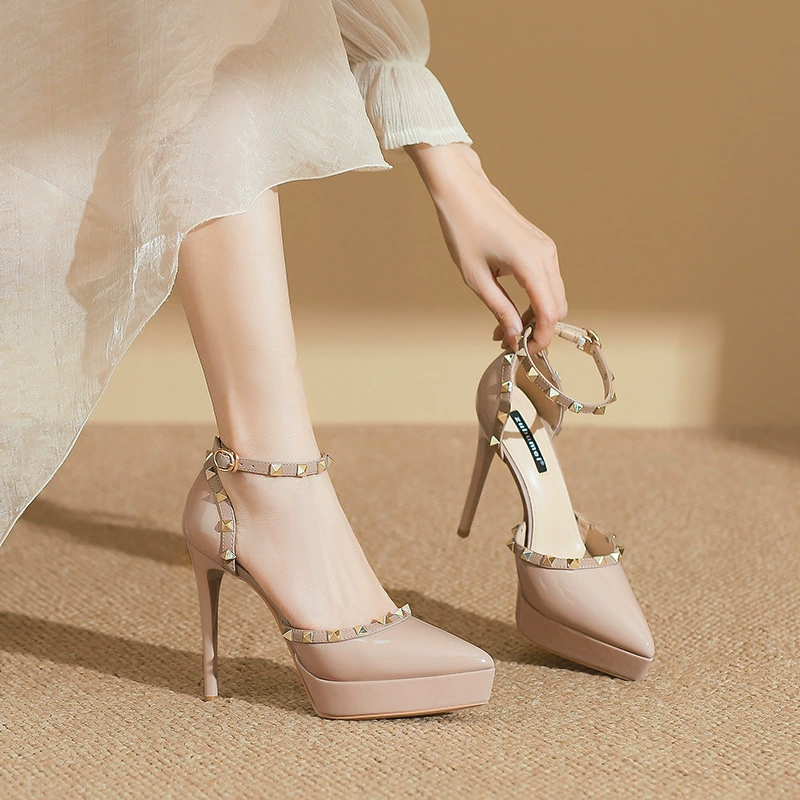 1233-23 Sexy rivet high heels for women 2025 Spring and Autumn New pointed toe thin heel waterproof platform single shoes 12CM