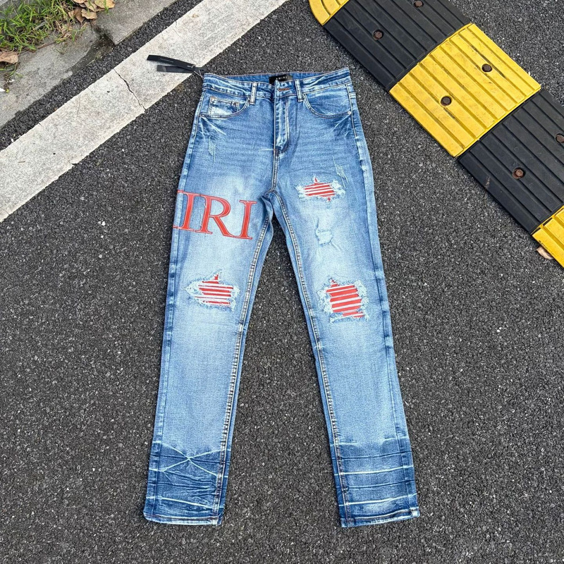 Cross-border Amiri small hem letter rhinestone ripped new micro-elastic washed ripped jeans unisex style Cross-border Amiri small hem letter rhinestone ripped new micro-elastic washed ripped jeans unisex style