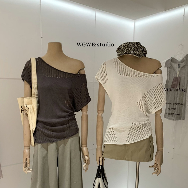 Wgwe2026 Summer Korean-Style Hollow-Out Design Slim-Fit Niche One-Shoulder Short-Sleeve Knit Top for Women W9954 Wgwe2026 Summer Korean-Style Hollow-Out Design Slim-Fit Niche One-Shoulder Short-Sleeve Knit Top for Women W9954