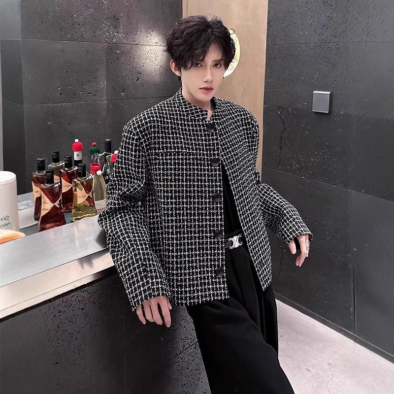 Tweed Chanel-Style Blazer for Men, Autumn Silhouette American Shoulder Pad Jacket, Short Houndstooth Suit Top