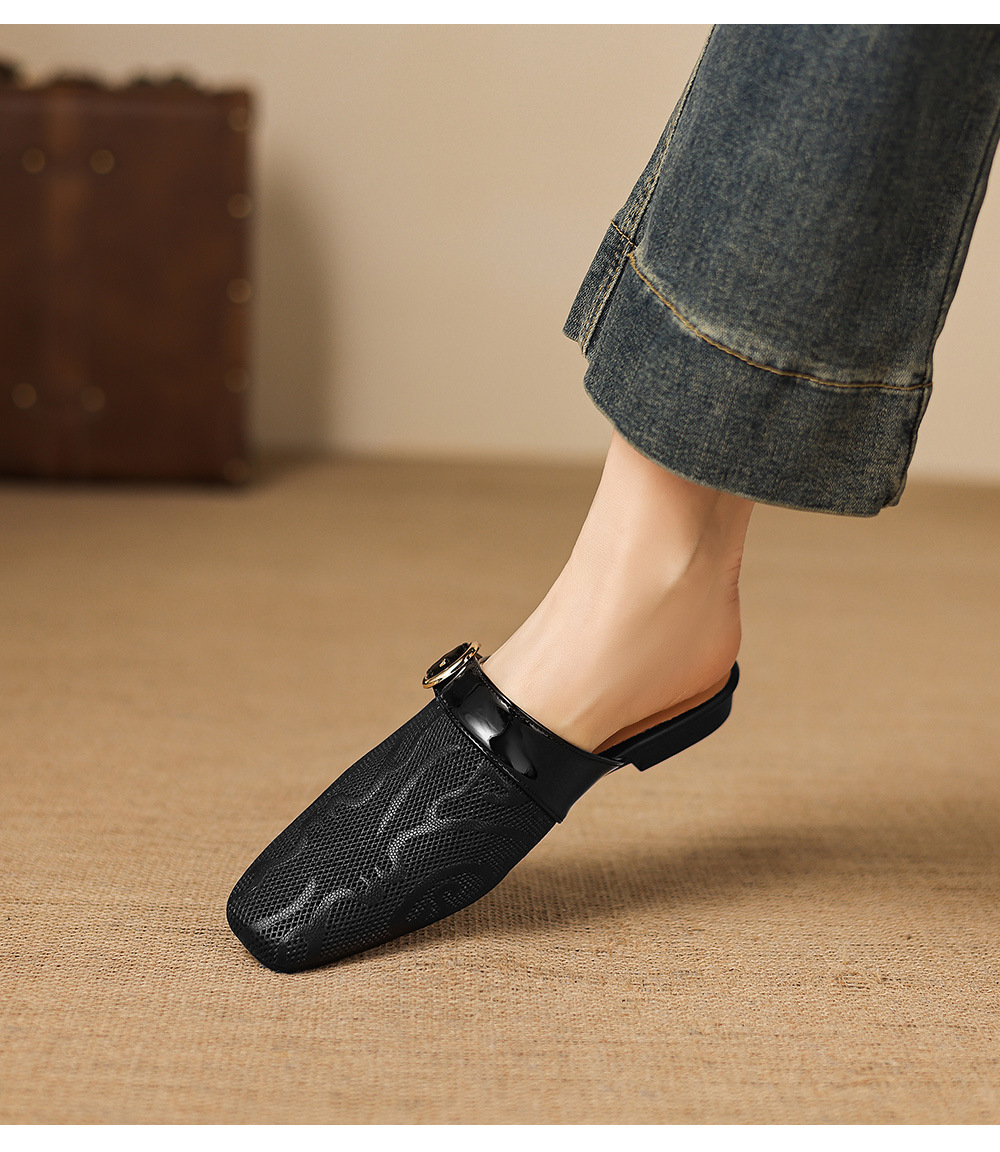 Dép sandal nữ mũi trùm đế bệt chất liệu da bò lưới sợi phong cách Muller — đen chi tiết 14