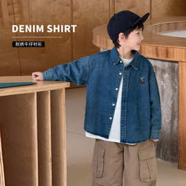 童酷2025春季新款湖州织里童装韩版男童衬衣刺绣翻领牛仔儿童衬衫
