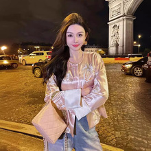 新款新中式女装中国风粉色印花外套女早春盘扣上衣一件代发