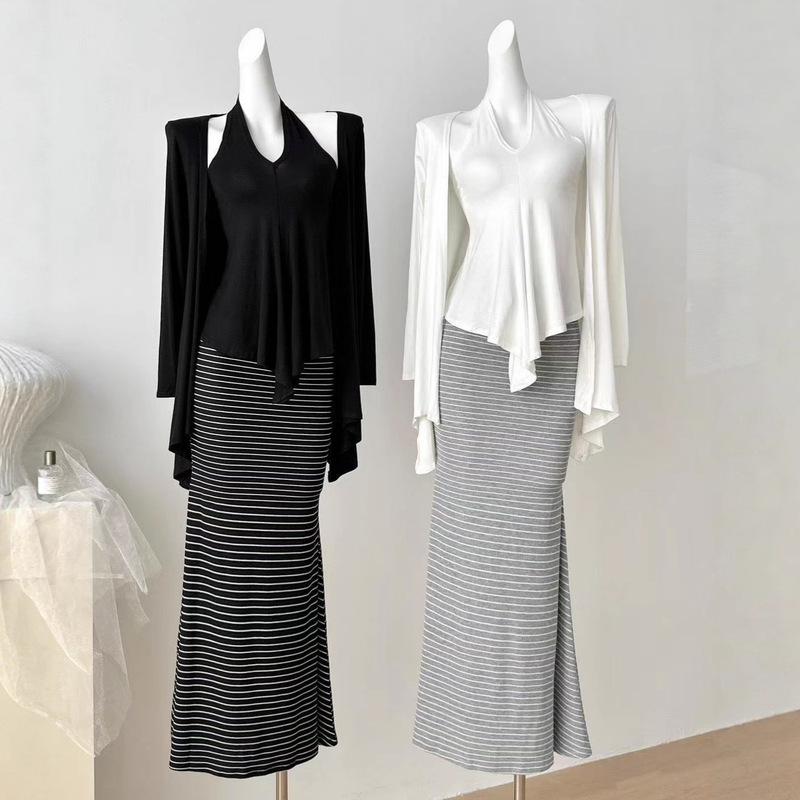 [Three-Piece Set] [Long-Sleeved Cardigan + Halterneck Vest + Fishtail Skirt] Spring and Autumn Lazy Style Fashion Suit