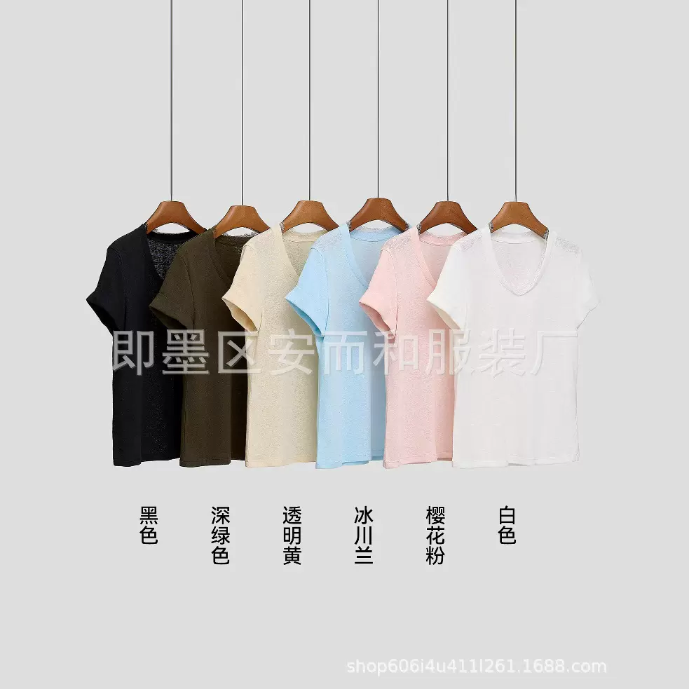 “肌肤之花’V领蕾丝雨露麻短袖T恤2025夏款宽松显瘦正肩纯色上衣