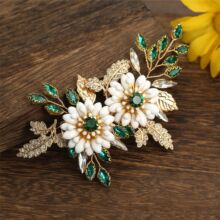 欧美跨境专供 祖母绿色抓钻金色合金叶子镶钻发夹配饰新娘头发饰